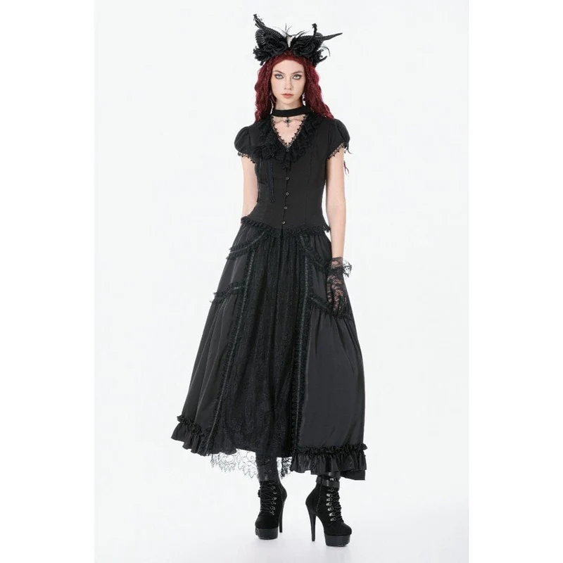 Schwarzer Gothic-Maxirock aus Spitze mit Rüschen und Raffungen für Damen
