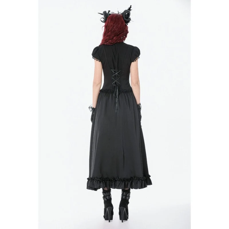Schwarzer Gothic-Maxirock aus Spitze mit Rüschen und Raffungen für Damen