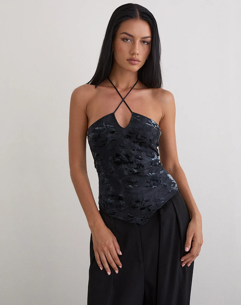 Daiki Neckholder-Top aus Blattsamt Dunkelblau