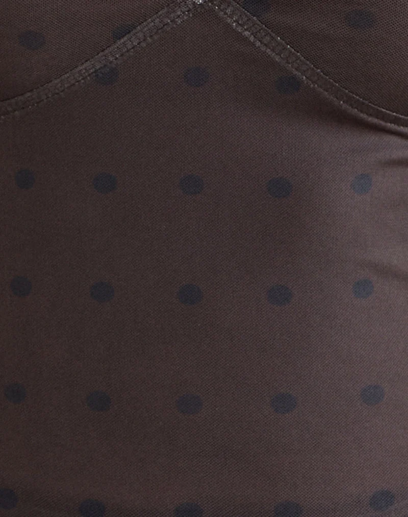 Top aus Mesh, rustikal, braun mit Polka-Punkten
