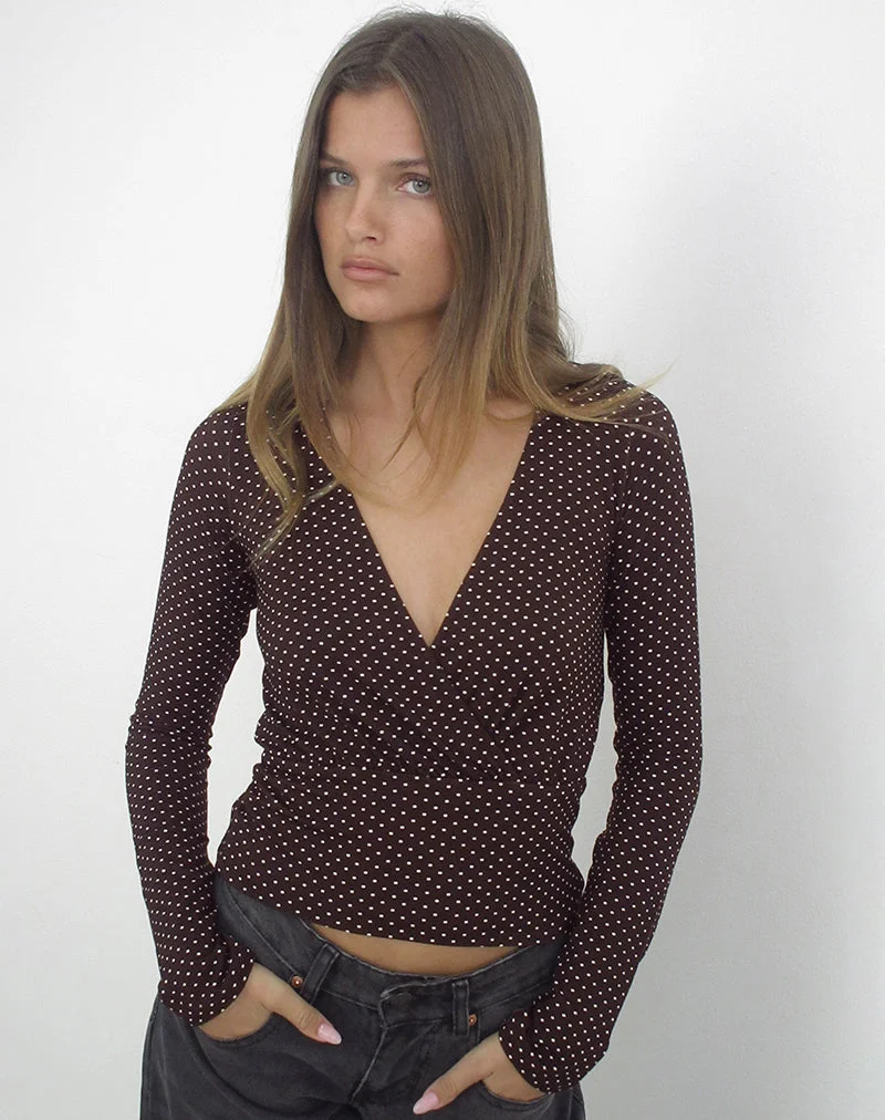 Sheon Langarm-Oberteil aus Rayon-Jersey in Braun mit Mikro-Polka-Print