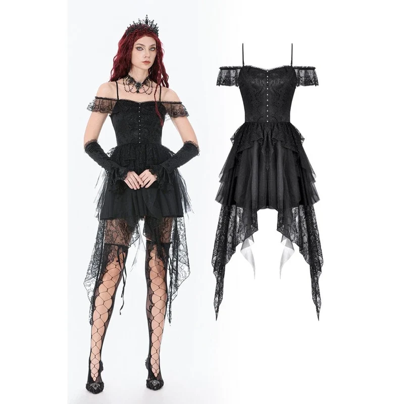 Gothic-Spitzenkleid für Damen mit Stufenrock und schulterfreiem Ausschnitt