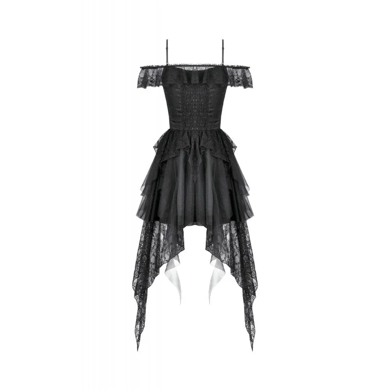 Gothic-Spitzenkleid für Damen mit Stufenrock und schulterfreiem Ausschnitt
