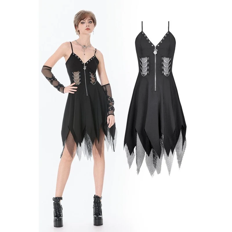 Punk-Slipkleid für Damen mit Mesh-Einsätzen, Nieten und Ketten