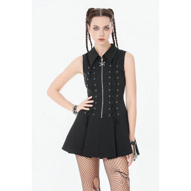 Ärmelloses Punk-Kleid mit Totenkopf-Motiv, Reißverschluss und Umlegekragen für Damen