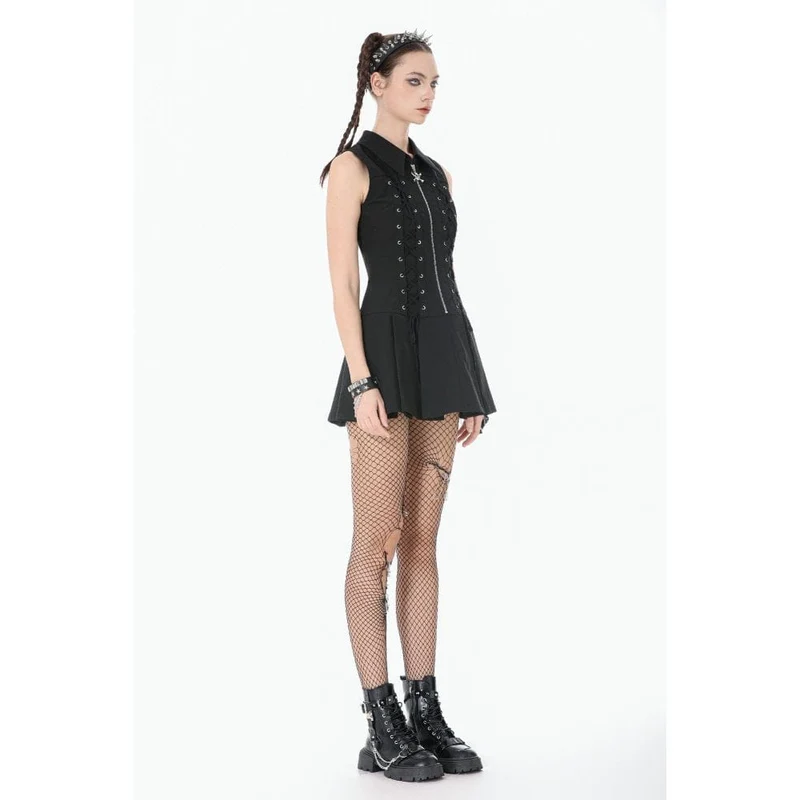 Ärmelloses Punk-Kleid mit Totenkopf-Motiv, Reißverschluss und Umlegekragen für Damen