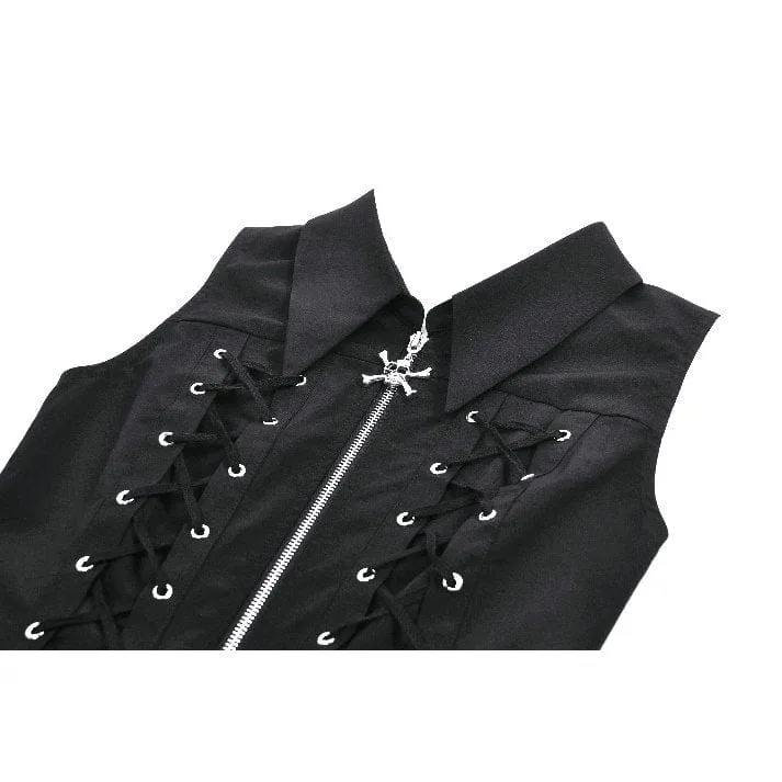 Ärmelloses Punk-Kleid mit Totenkopf-Motiv, Reißverschluss und Umlegekragen für Damen