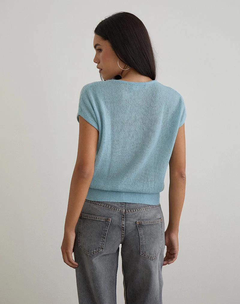 Sorin Oberteil mit tiefem Bund in Blau gestrickt