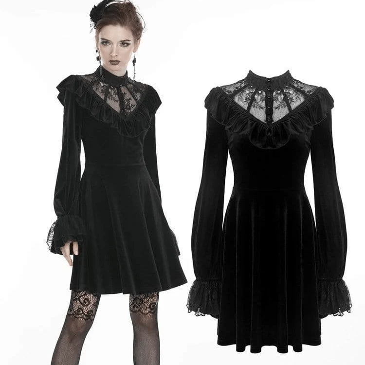 Gothic-Kleider aus Samt mit Rüschen, Spitze und V-Ausschnitt für Damen