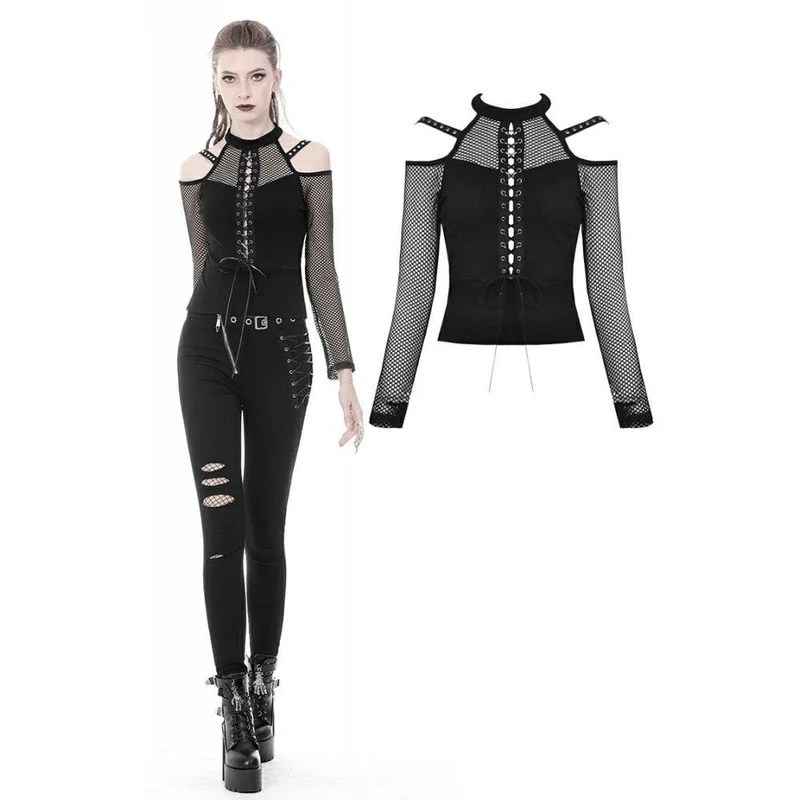 Frauen Punk Schnür-Up Front Off-Shoulder Mesh Tops