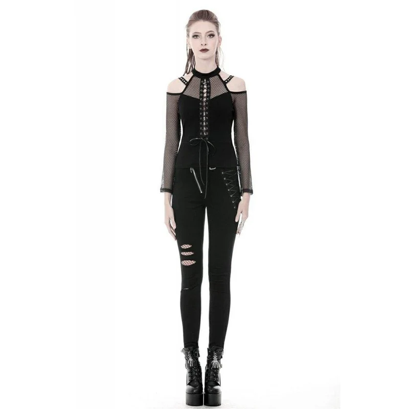 Frauen Punk Schnür-Up Front Off-Shoulder Mesh Tops