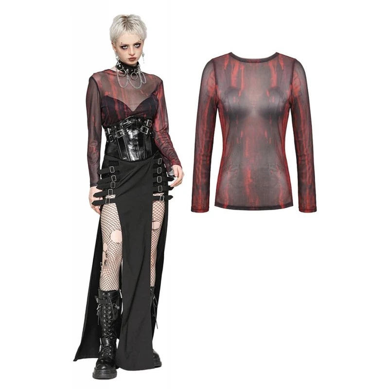 Gothic-Batik-Oberteil aus transparentem Netzstoff für Damen