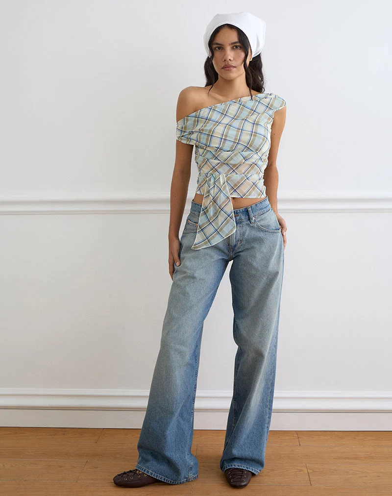 Maida-Oberteil aus Chiffon mit Vintage-Karomuster in Blau
