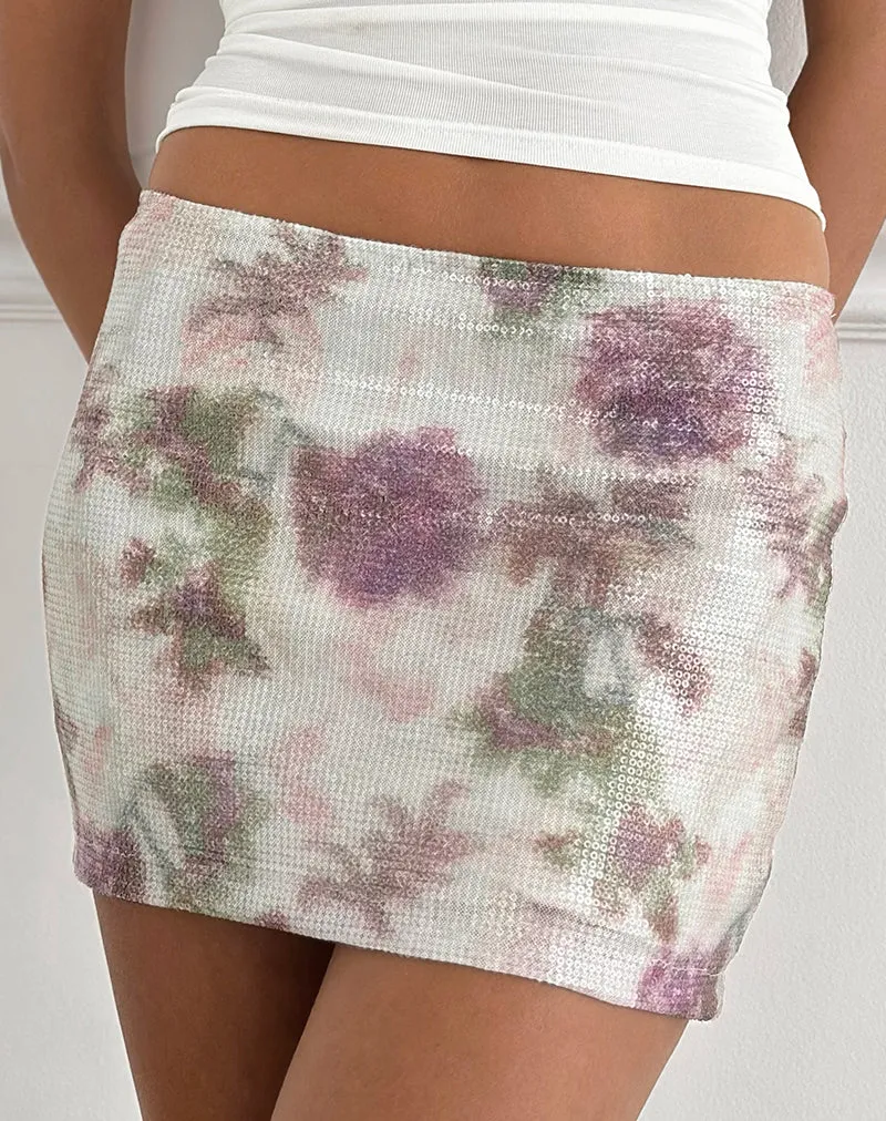 Govinda Minirock mit Blumenmuster aus Pailletten in Weiß und Lila