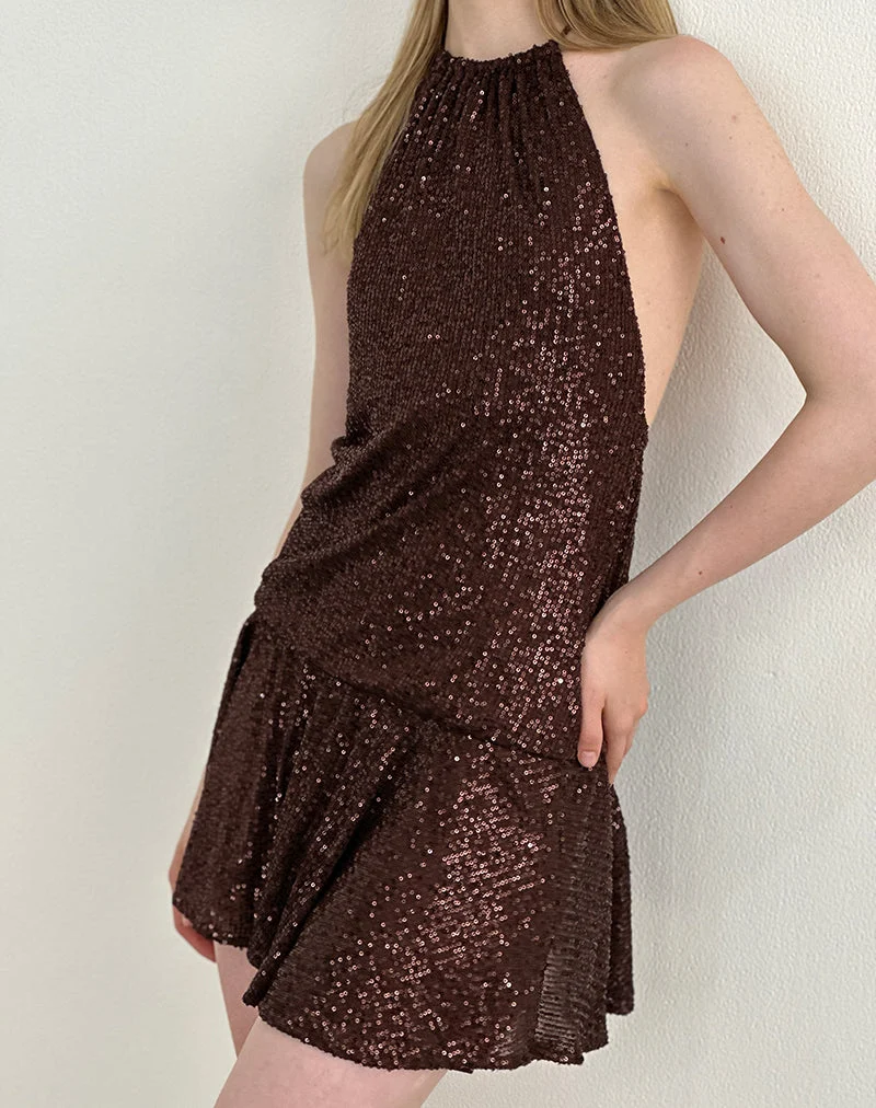 Veloria Minikleid aus Drapierung Pailletten Braun