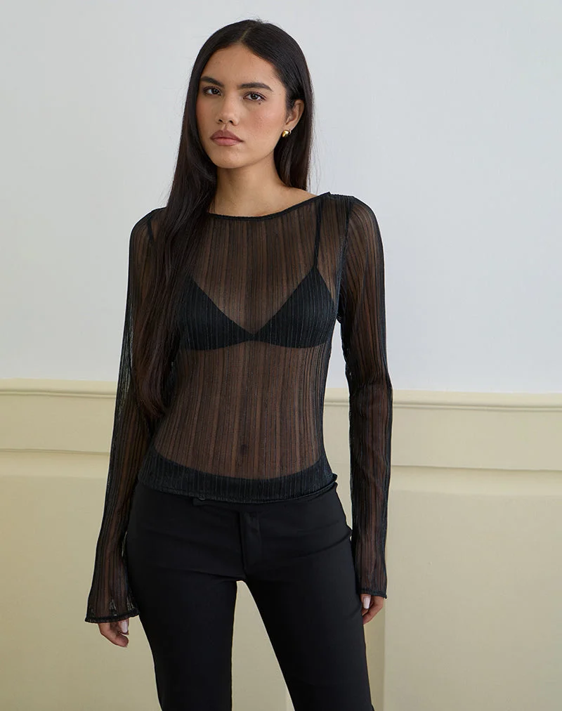 Saezuru Top aus Chiffon Plissee Schimmer Schwarz
