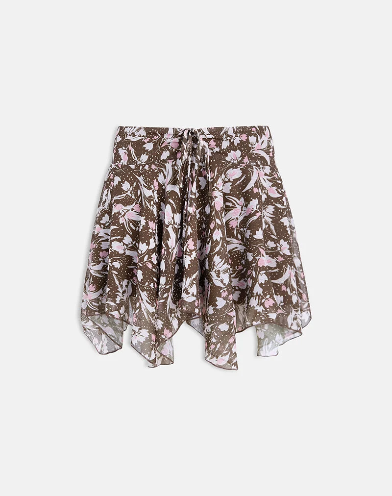Veny Minirock aus braunem und rosa Polka-Blumen-Chiffon
