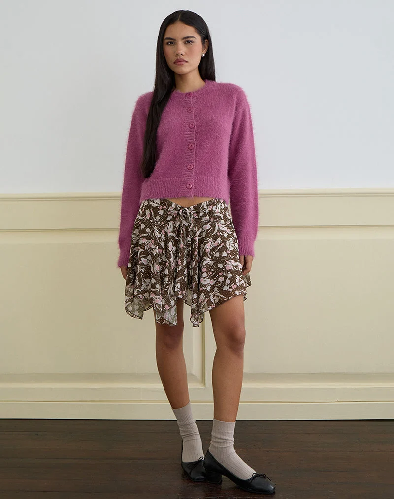 Veny Minirock aus braunem und rosa Polka-Blumen-Chiffon