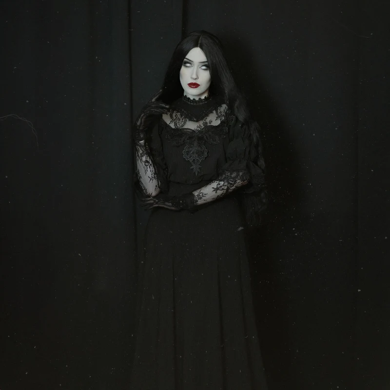 Damen Gothic Stehkragen Spitzenspleiß Maxi Brautkleid
