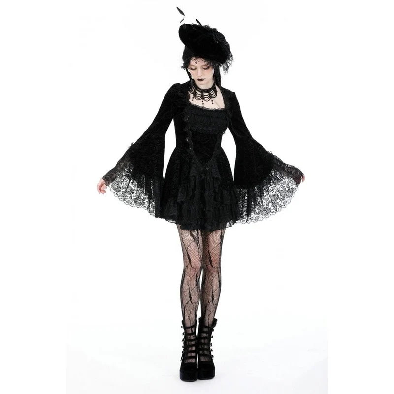 Damen-Gothic-Kleid aus mehrlagigem Samt mit ausgestellten Ärmeln