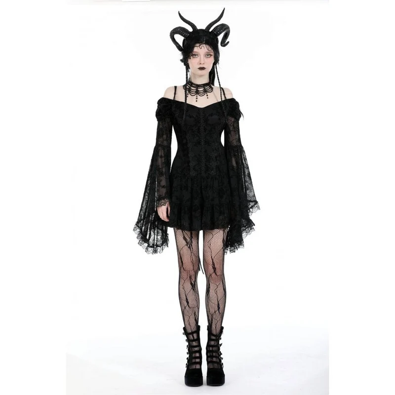 Gothic-Kleid aus Samt mit schulterfreiem Ausschnitt und Mesh-Einsätzen, Abschlusskleid
