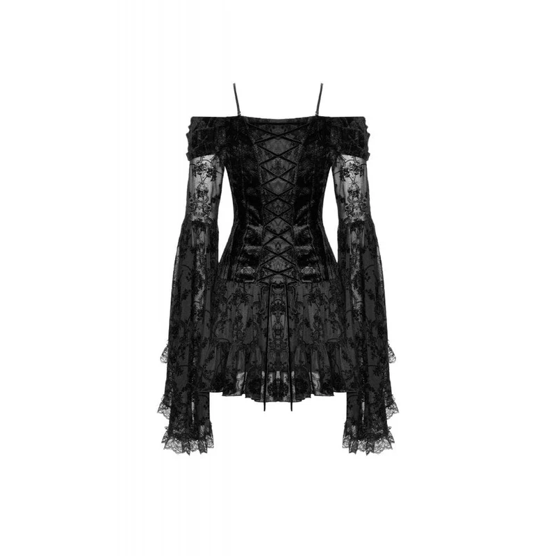 Gothic-Kleid aus Samt mit schulterfreiem Ausschnitt und Mesh-Einsätzen, Abschlusskleid