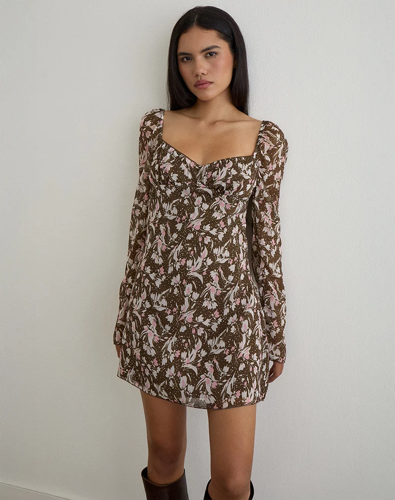 Mariko Kleid aus braunem und rosa Polka-Blumen-Chiffon