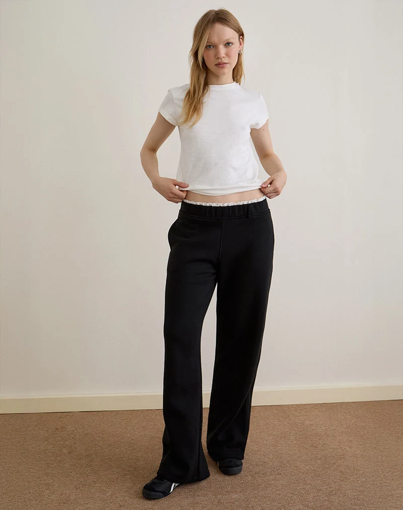 Jenita Loose Jogger in Schwarz mit weißem Picot-Besatz
