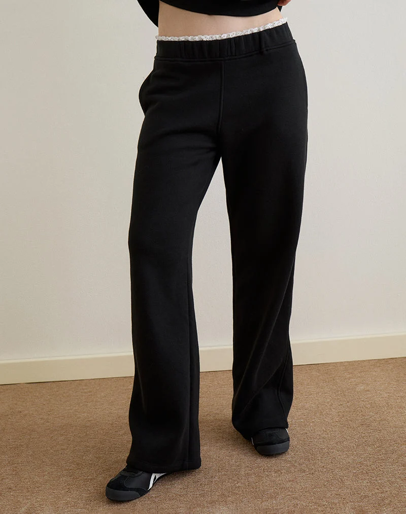Jenita Loose Jogger in Schwarz mit weißem Picot-Besatz