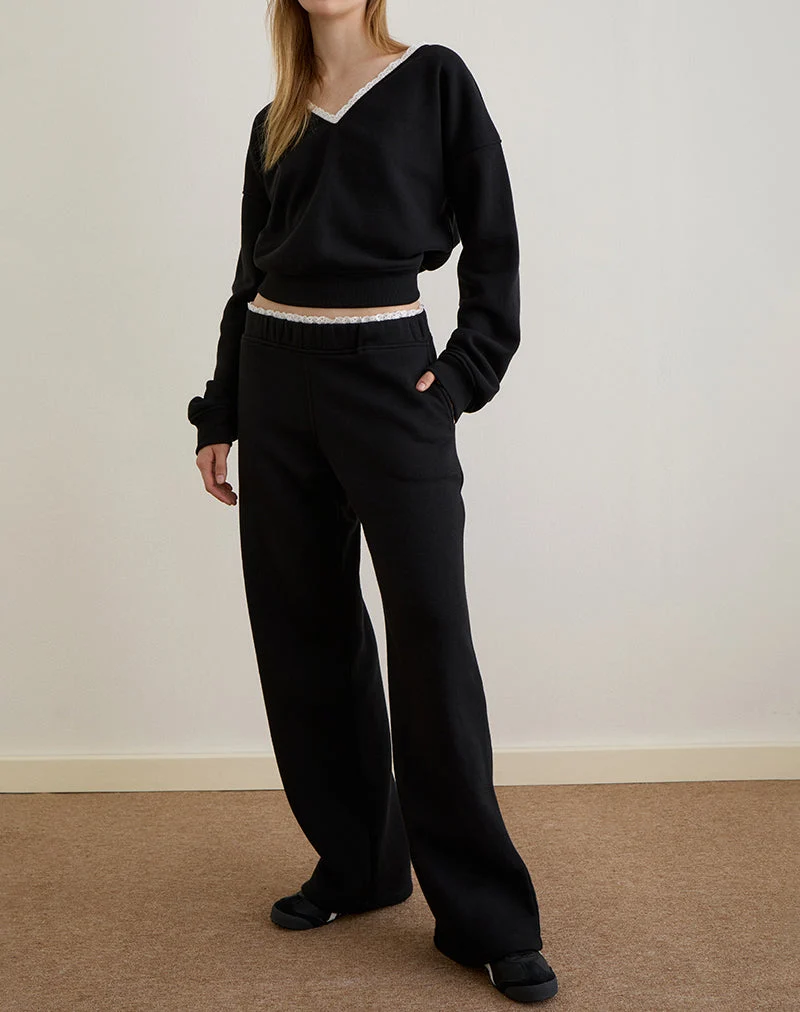Jenita Loose Jogger in Schwarz mit weißem Picot-Besatz