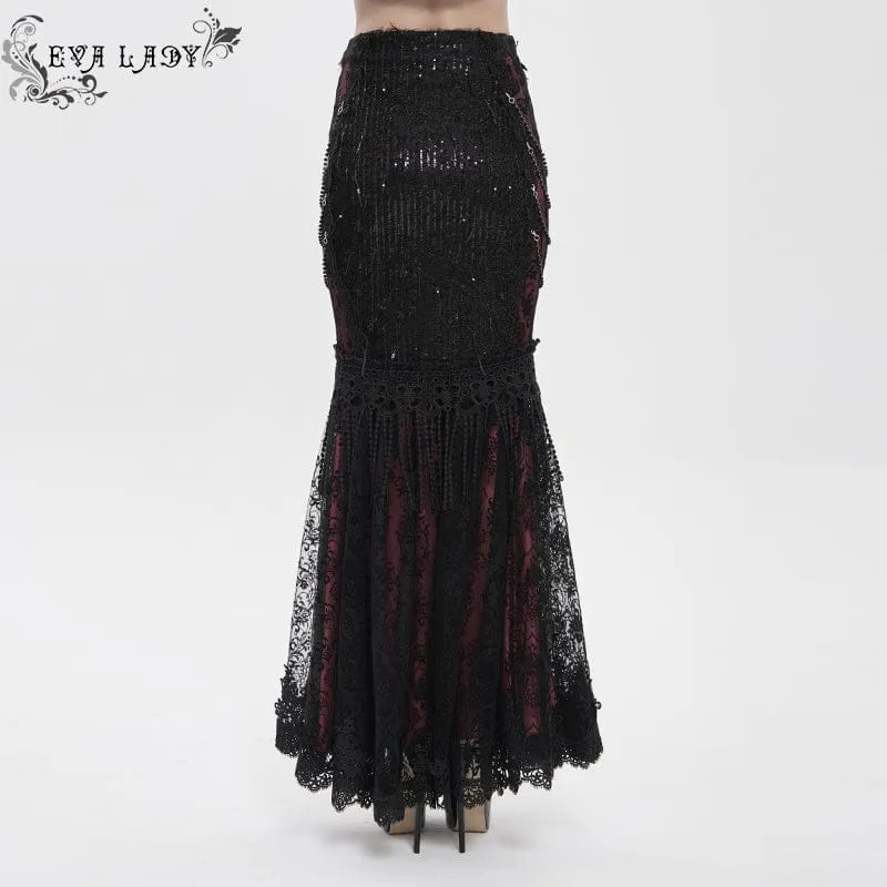 Gothic-Rock für Damen mit floraler Spitze, Perlen und Kettenverzierung, lang, schwarz-rot