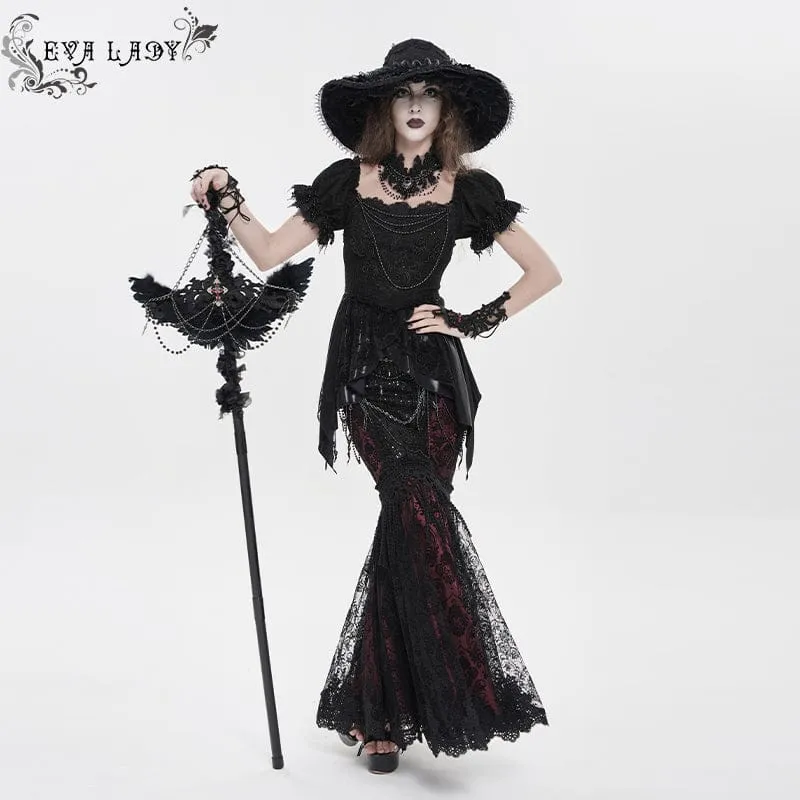 Gothic-Rock für Damen mit floraler Spitze, Perlen und Kettenverzierung, lang, schwarz-rot