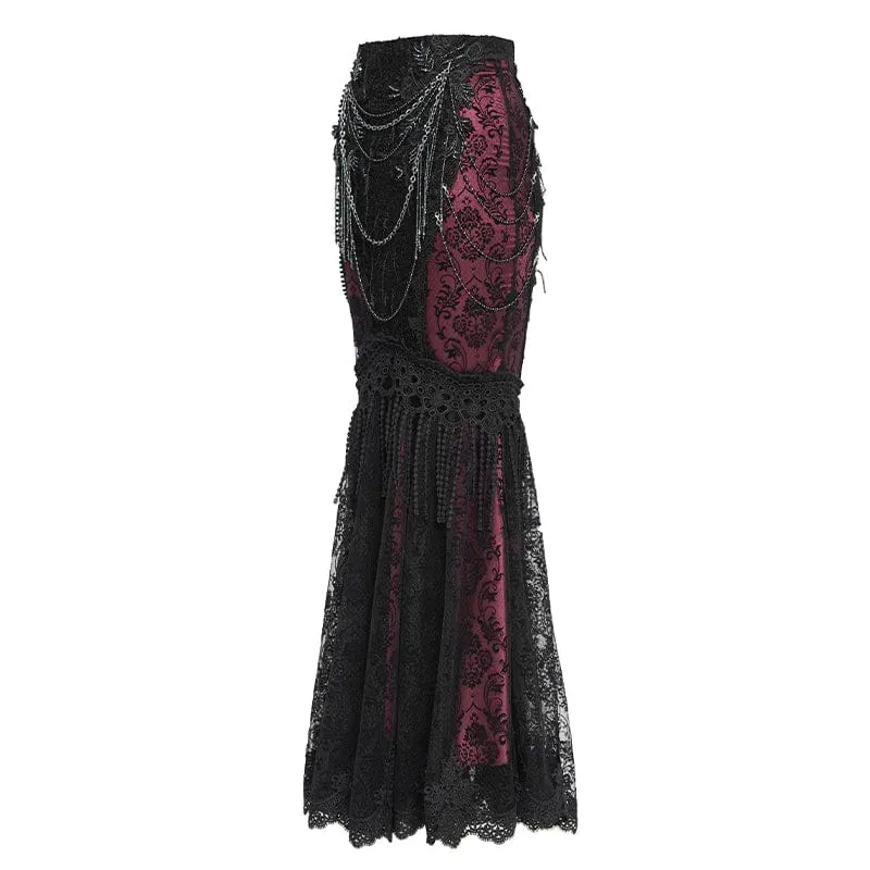 Gothic-Rock für Damen mit floraler Spitze, Perlen und Kettenverzierung, lang, schwarz-rot