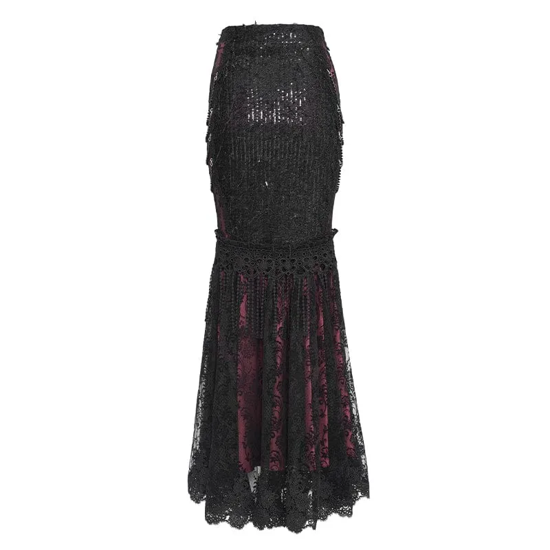 Gothic-Rock für Damen mit floraler Spitze, Perlen und Kettenverzierung, lang, schwarz-rot