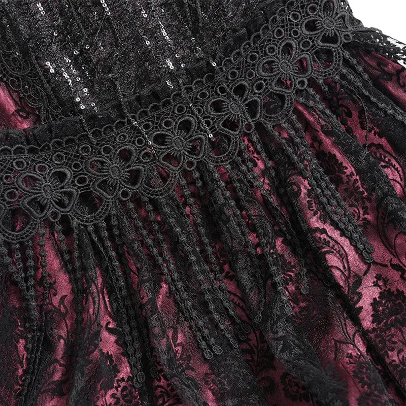 Gothic-Rock für Damen mit floraler Spitze, Perlen und Kettenverzierung, lang, schwarz-rot