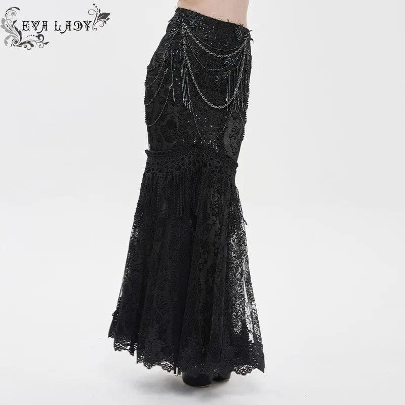 Schwarzer, langer Gothic-Rock für Damen mit floraler Spitze, Perlen und Kettenverzierung