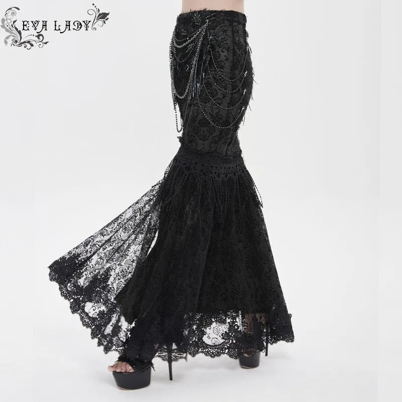 Schwarzer, langer Gothic-Rock für Damen mit floraler Spitze, Perlen und Kettenverzierung