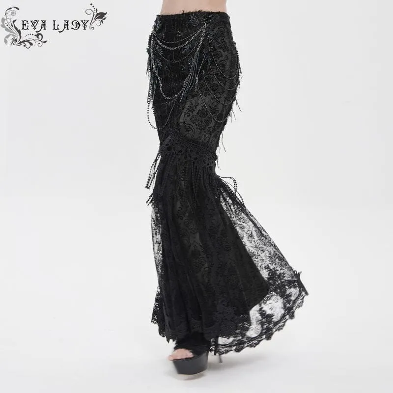 Schwarzer, langer Gothic-Rock für Damen mit floraler Spitze, Perlen und Kettenverzierung