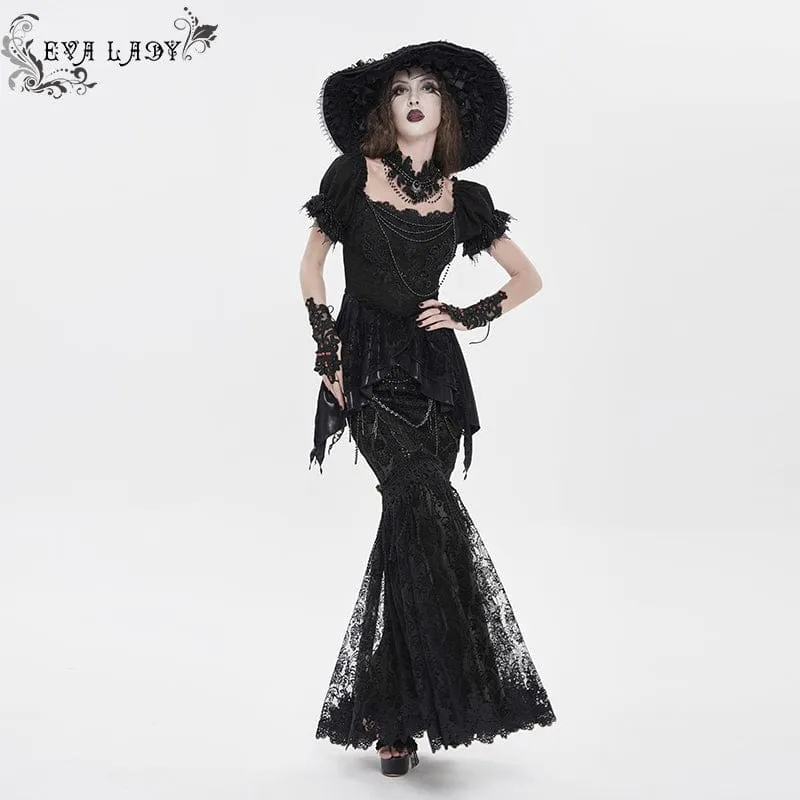 Schwarzer, langer Gothic-Rock für Damen mit floraler Spitze, Perlen und Kettenverzierung