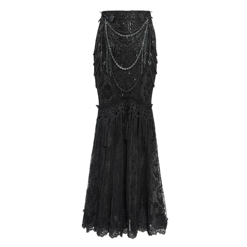 Schwarzer, langer Gothic-Rock für Damen mit floraler Spitze, Perlen und Kettenverzierung
