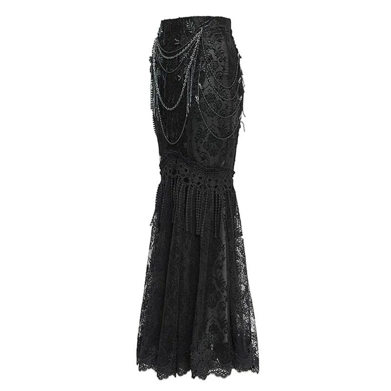 Schwarzer, langer Gothic-Rock für Damen mit floraler Spitze, Perlen und Kettenverzierung