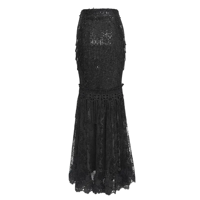 Schwarzer, langer Gothic-Rock für Damen mit floraler Spitze, Perlen und Kettenverzierung