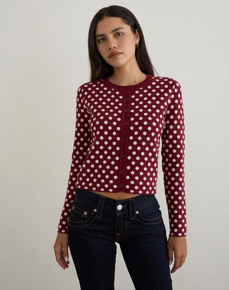 Bhavina Strickjacke in Burgunderrot mit cremefarbenem Polka-Print