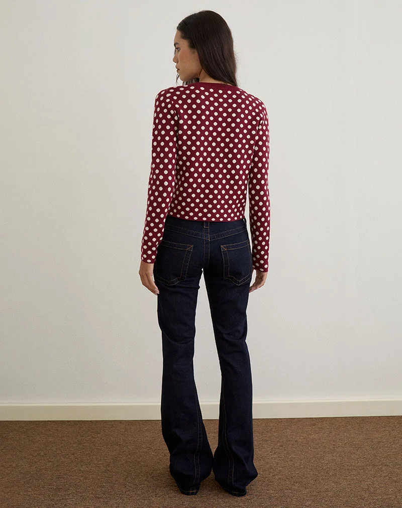 Bhavina Strickjacke in Burgunderrot mit cremefarbenem Polka-Print