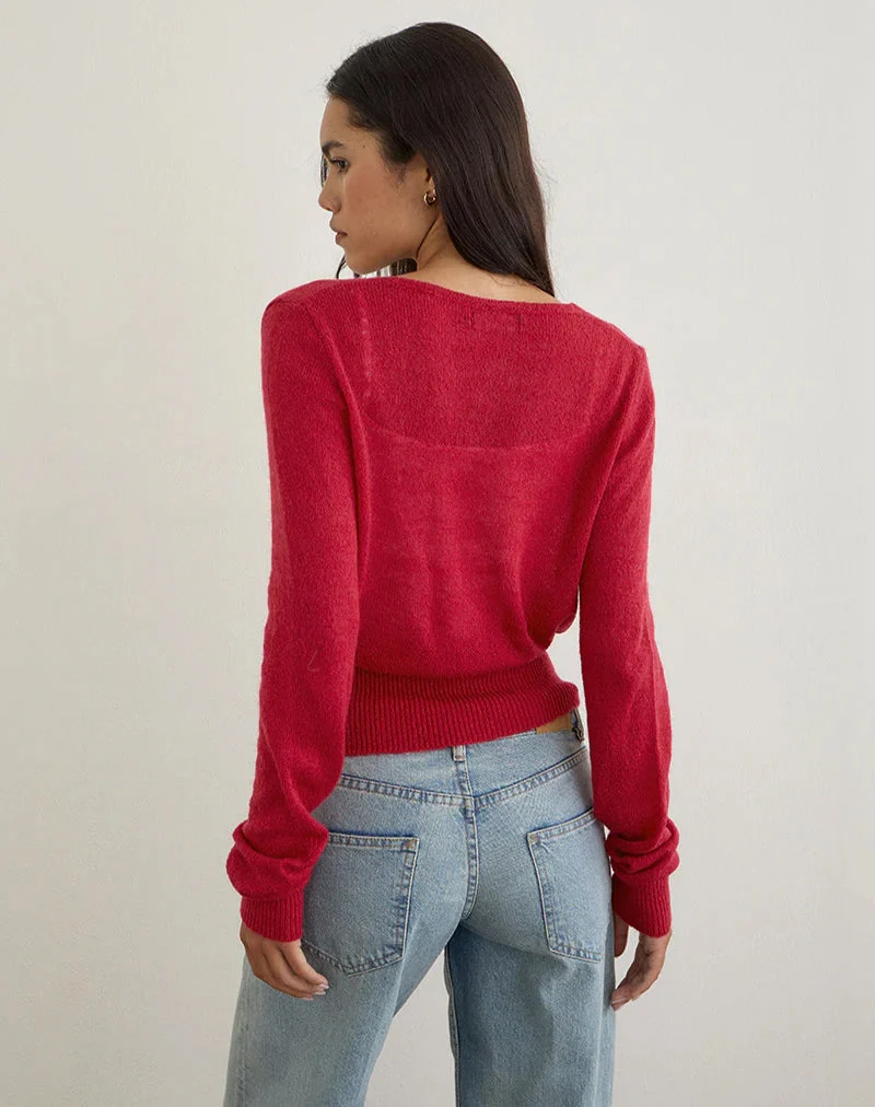 Nilza Wickeloberteil in Rot gestrickt
