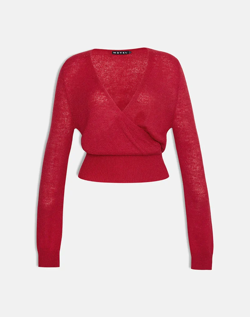 Nilza Wickeloberteil in Rot gestrickt