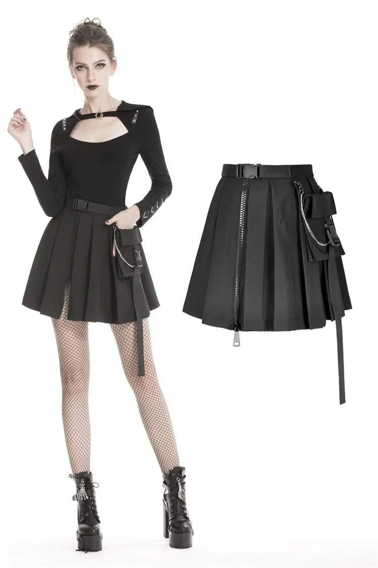 Frauen Gothic Schwarz Plissee Minirock Mit Taille Tasche