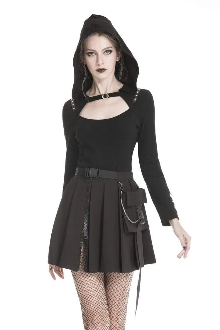 Frauen Gothic Schwarz Plissee Minirock Mit Taille Tasche