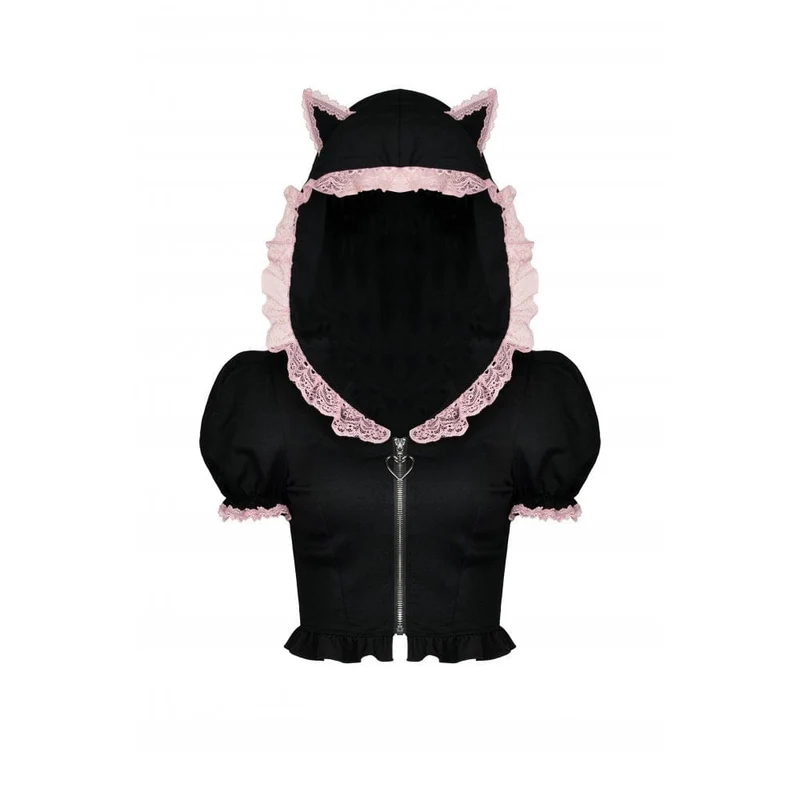 Kurzärmliges Lolita-Crop-Top mit Frontreißverschluss und Katzenkapuze
