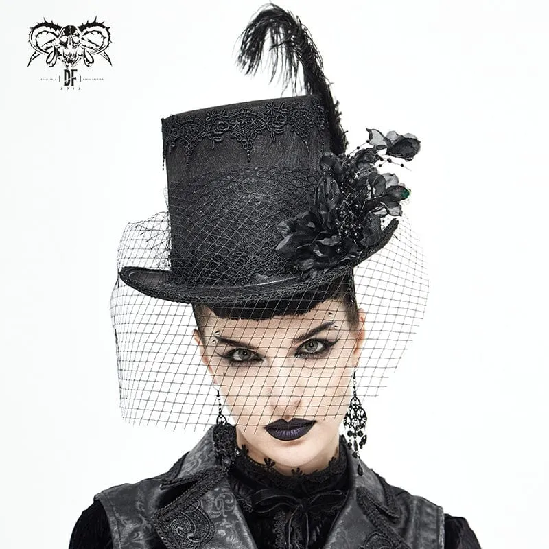 Unisex Gothic Noir Zylinderhut mit Blumenmuster und Federn sowie Netzschleier